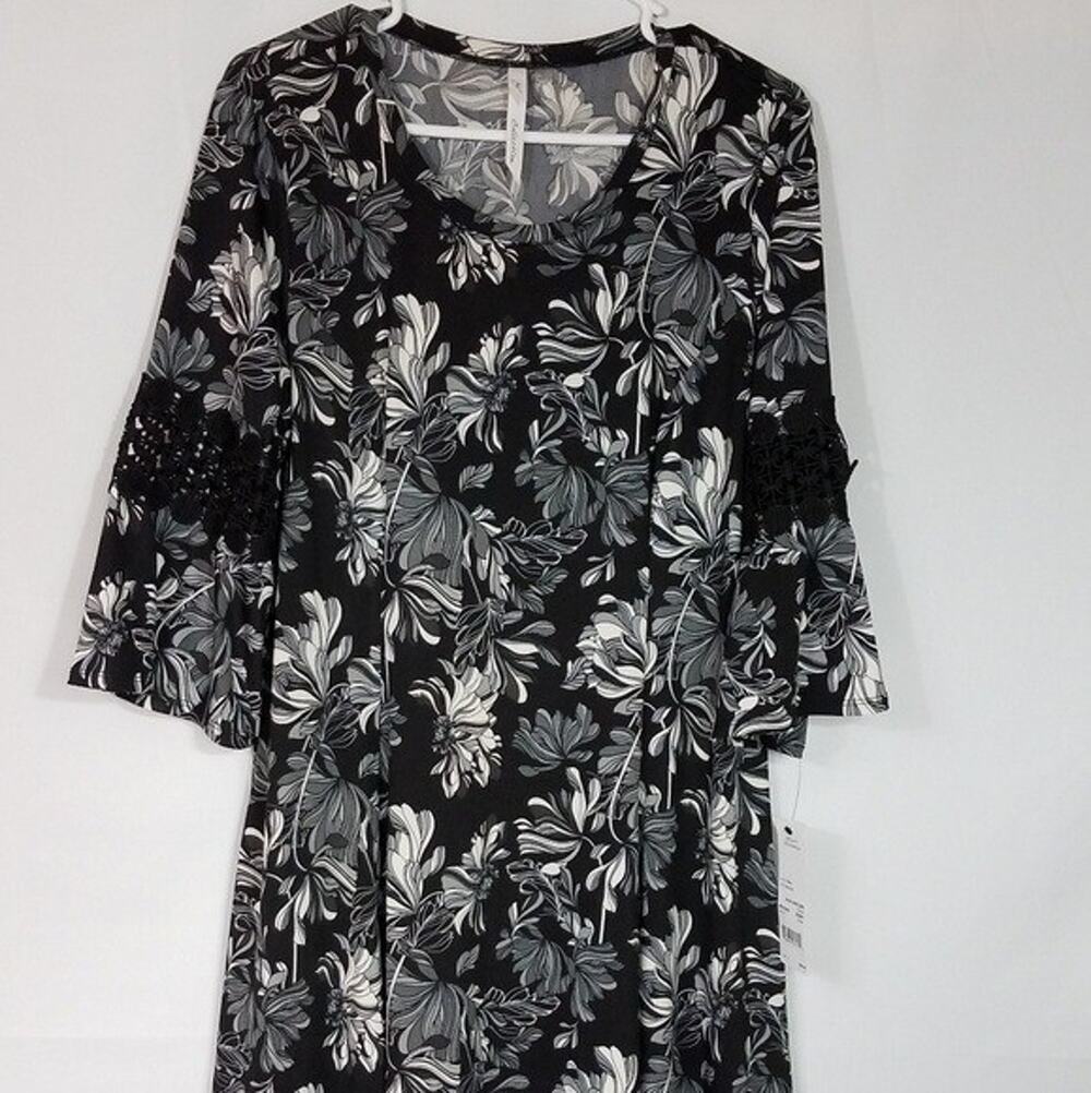 NY COLLECTION Womens DRESS Fit n Flare Black Coneflower Floral Size L New
